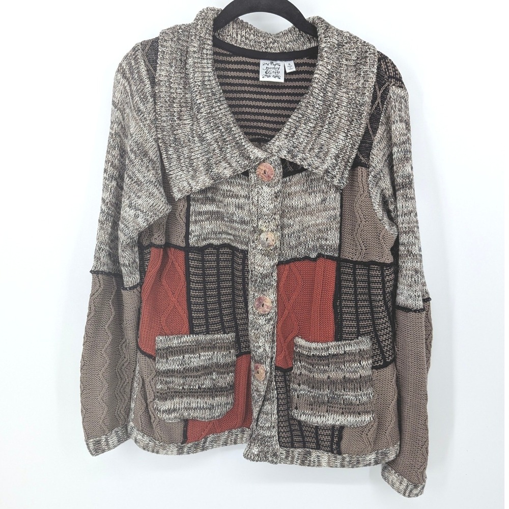 Parsley & Sage Cardigan Small Brown Patchwork Cable Knit Button Front Cotton